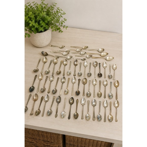 Other - Vintage 48pc Silverplate Teaspoons Lot Mixed 1930s Antique Coffee Spoons Patina